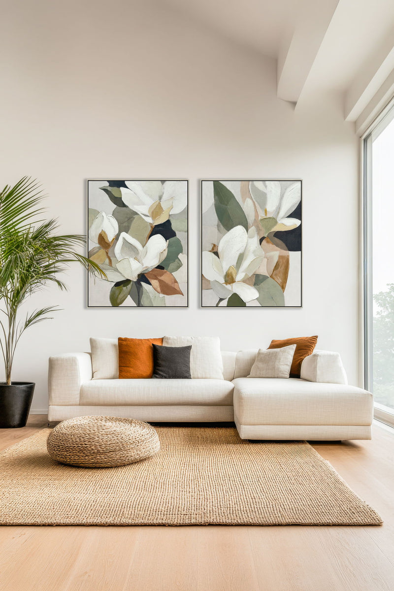 "Magnolia Serenity II" Hand-Embellished Canvas In Frame - Black / Earthy Tones / White