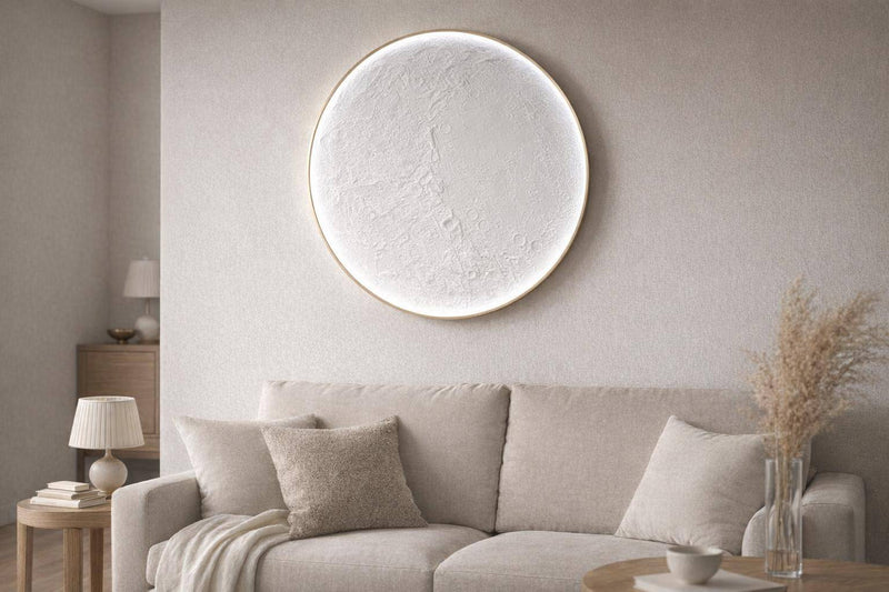 Lunar Relief Hand-Painted LED Canvas In Frame - Ivory / White