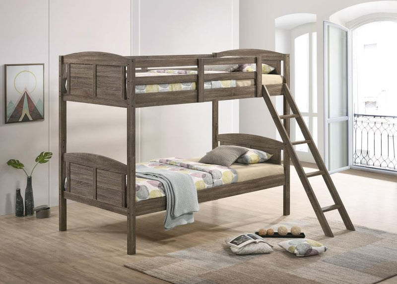 Flynn Wood Twin Over Twin Bunk Bed Weathered Brown Twin Twin Bunk Bed with Mattress