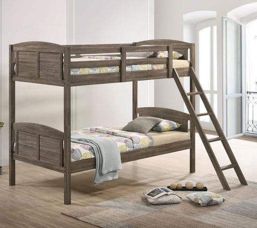 Flynn Wood Twin Over Twin Bunk Bed Weathered Brown Twin Twin Bunk Bed