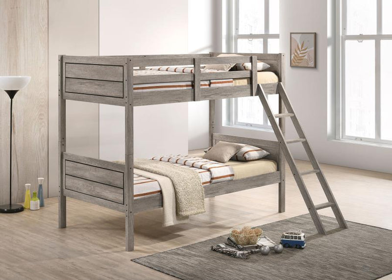 Ryder Wood Twin Over Twin Bunk Bed Weathered Taupe Bunk Bed with Mattress