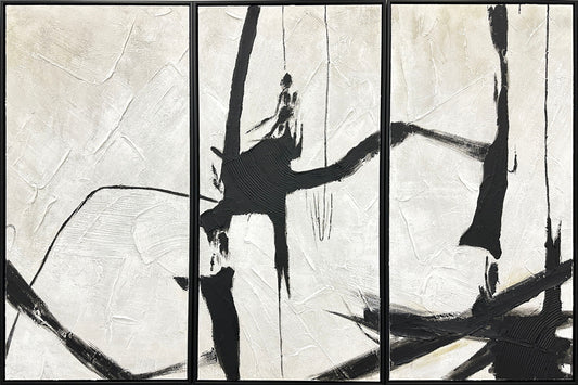 "Abstract Harmony" Hand-Painted Canvas Triptych In Frame - Black / White