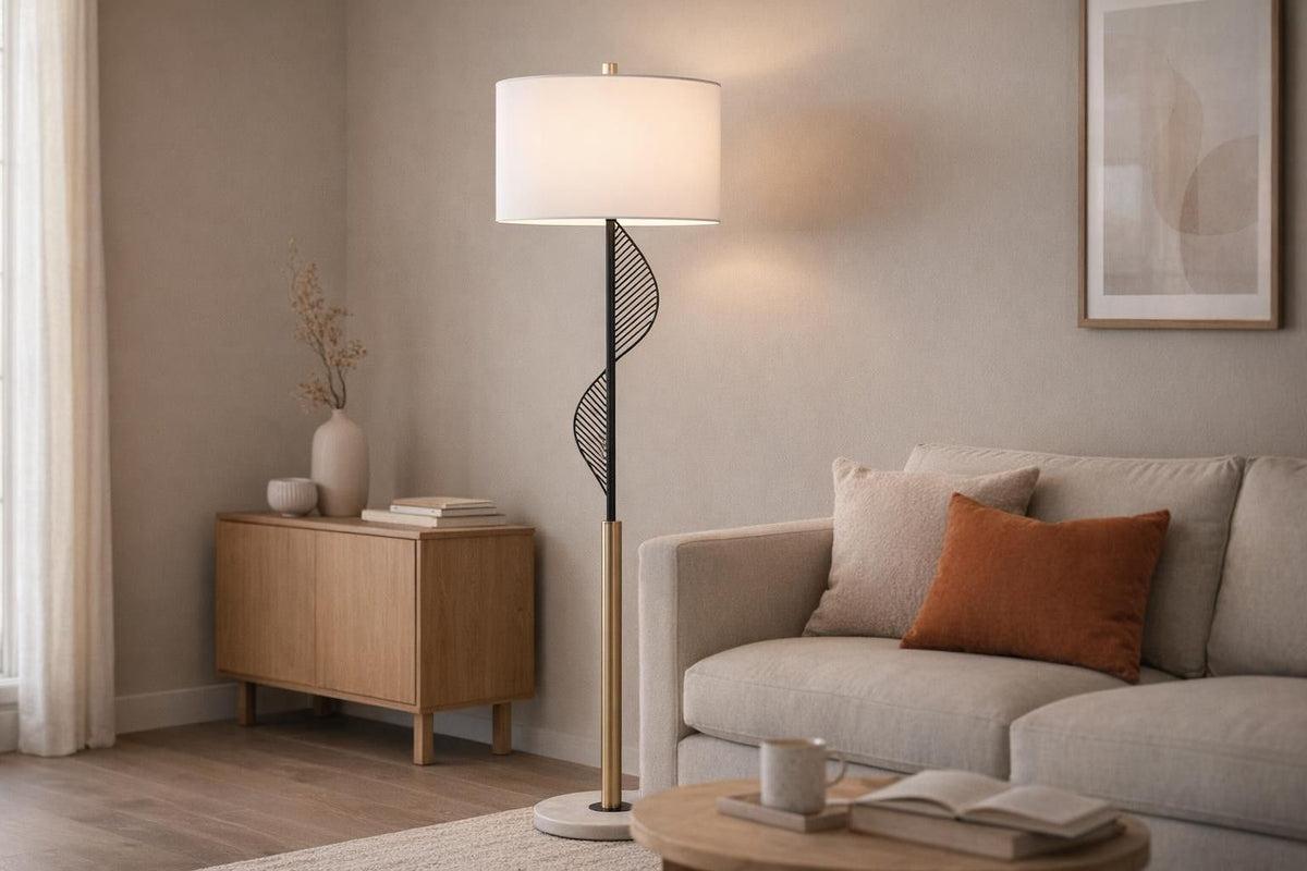 Spiral Radiance I Metal & Marble Floor Lamp - Matte Black / Soft Gold