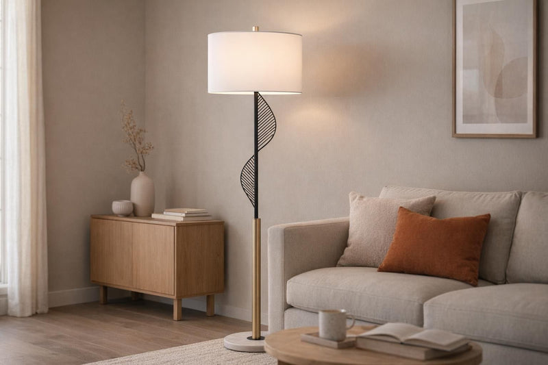 Spiral Radiance I Metal & Marble Floor Lamp - Matte Black / Soft Gold