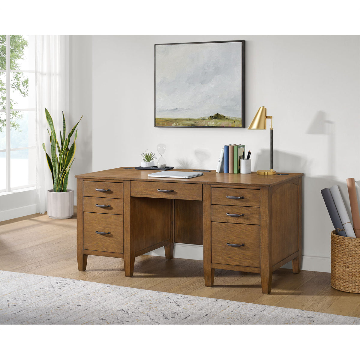 Portico - Double Pedestal Desk With Power / USB - Brown Oak