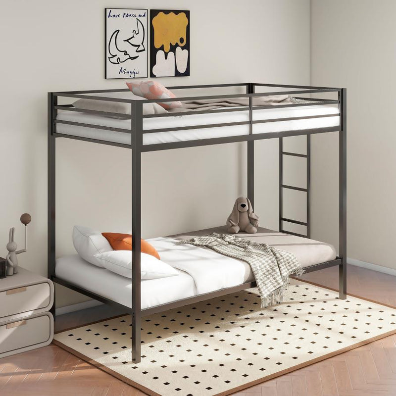 Alevera Metal Twin Over Twin Bunk Bed with Ladder Matte Black Twin Twin