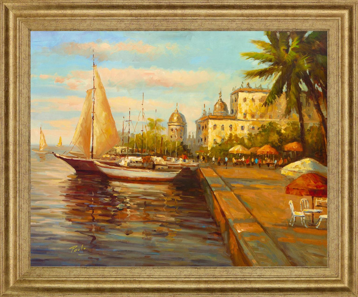 Sunlit Marina Promenade - 28" x 34" Framed Wall Art - Beige