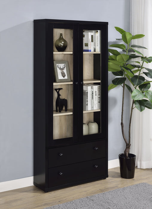 Hawthorne - 4-Shelf Glass Door Tall Cabinet With Drawers - Black