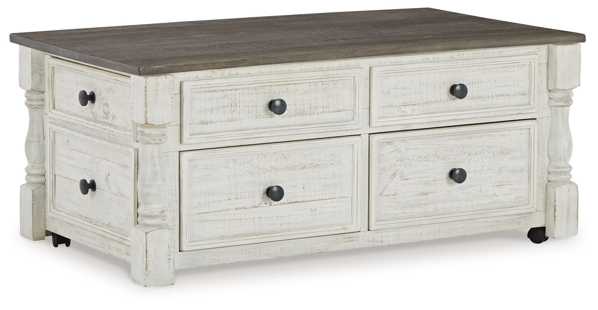 Havalance - Lift Top Cocktail Table with Storage Drawers - White / Gray