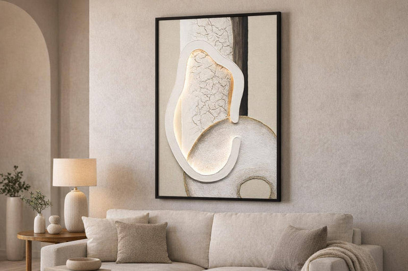 Ivory Contour I Hand-Painted LED Canvas In Frame - Ivory / Cream