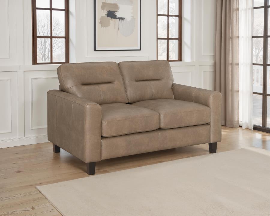 Scotland Faux Leather Upholstered Track Arm Loveseat Brown