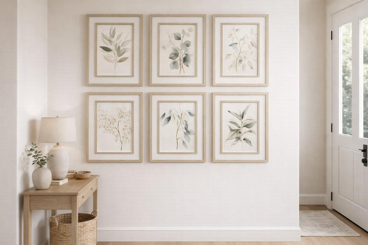 Quiet Botanical Print on Paper In Double Frame (Set of 6) - Beige / Green