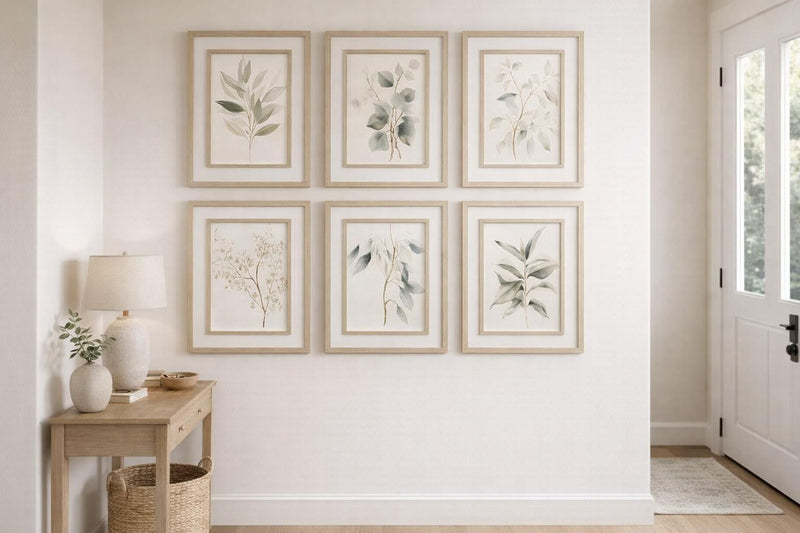 Quiet Botanical Print on Paper In Double Frame (Set of 6) - Beige / Green
