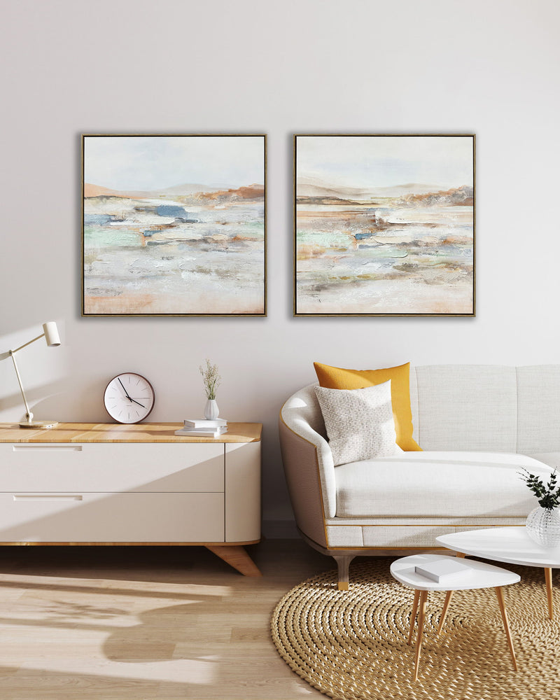 "Serene Horizons I" Hand-Embellished Canvas In Frame - Gray / Orange / Blue