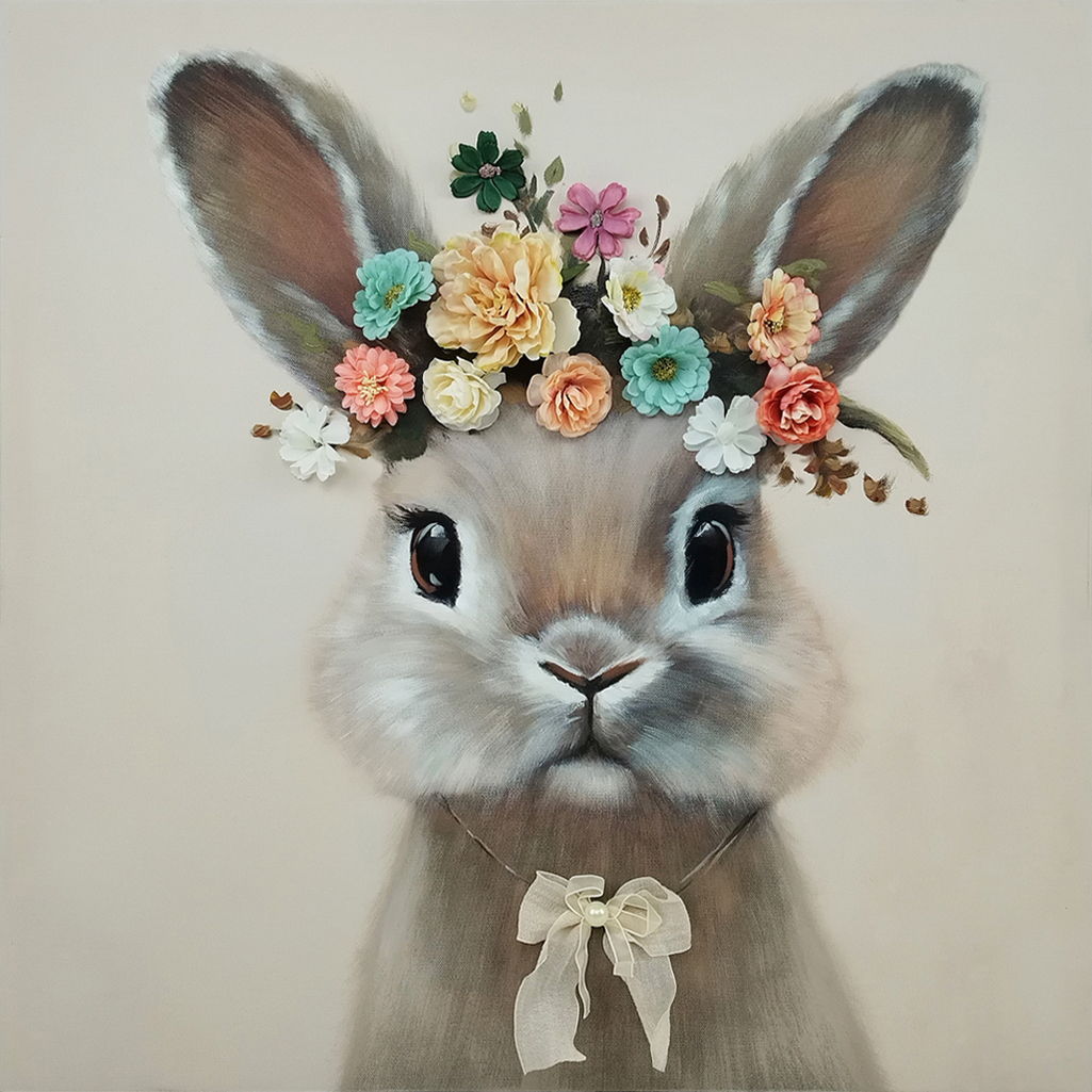 Blossom Bunny Portrait - 25" x 25" Framed Wall Art - Gray