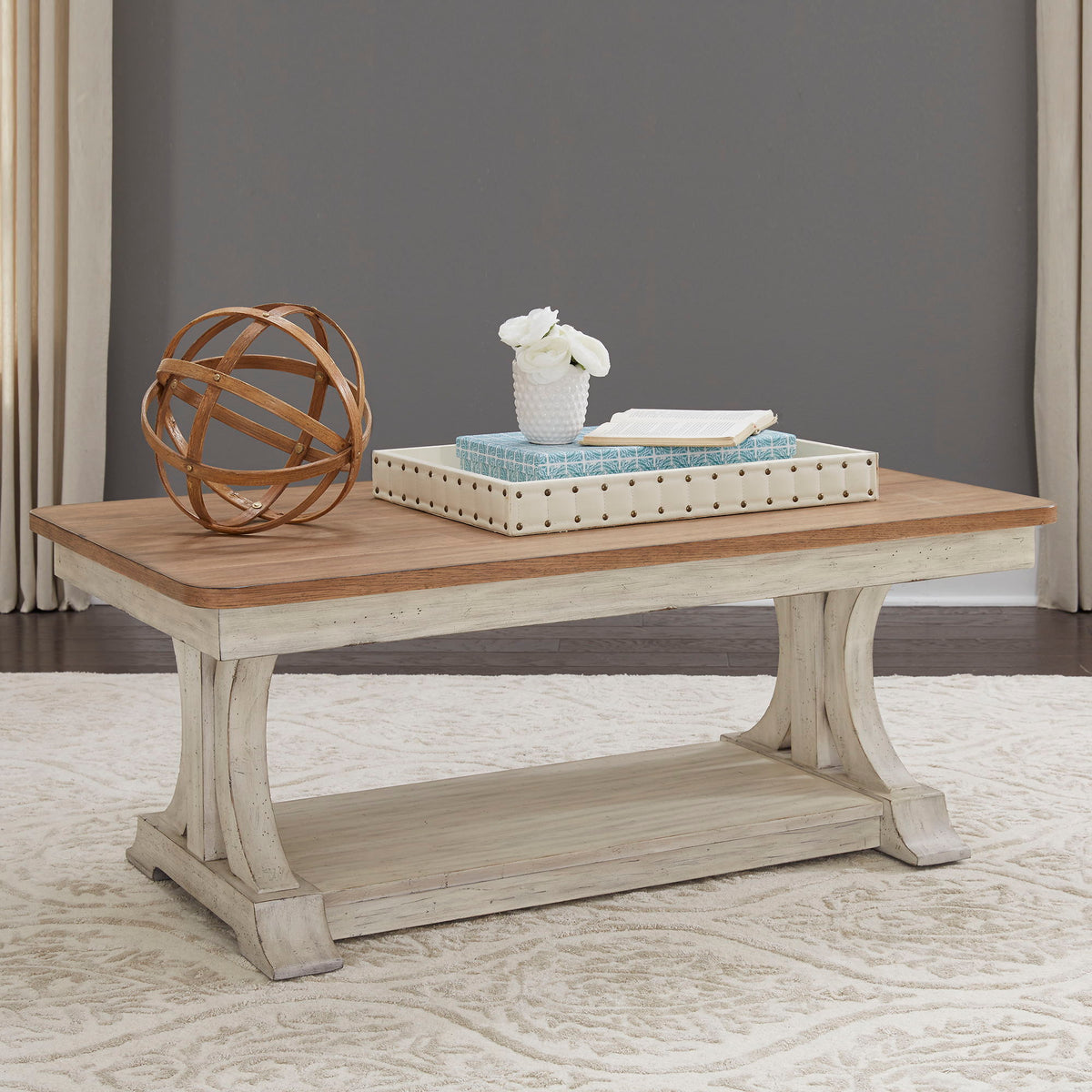 Farmhouse Reimagined - Rectangular Cocktail Table - Antique White / Chestnut Tops