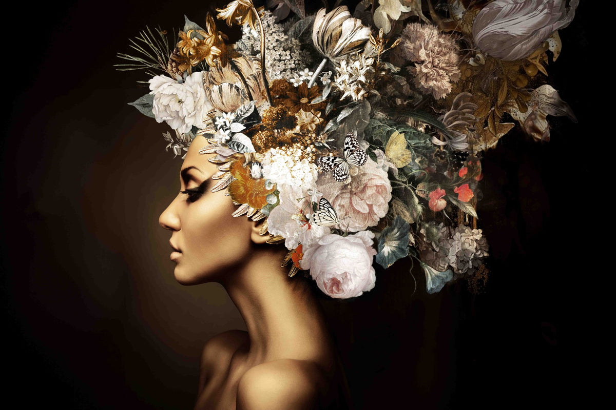 Opulent Flora Muse - 40" x 60" Framed Wall Art - Dark Brown