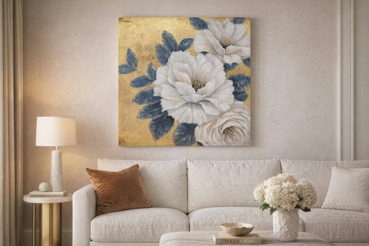 Gilded Petals Hand-Embellished Wrapped Canvas With Foil - Gold / Blue