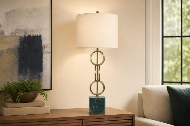 "Marble Harmony" Metal Table Lamp On Marble Base (Set of 2) - Green Marble / Matte Golden Bronze