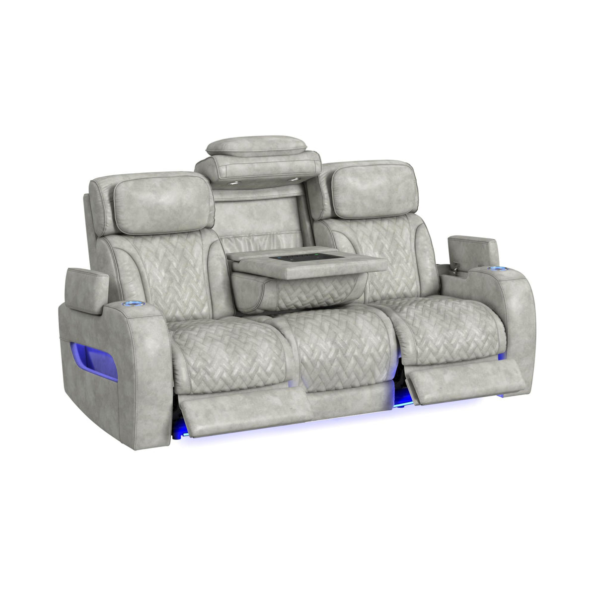 Prime Time - P3 Sofa With Ddt, 3.0 Table, 7 Colors (Led And Cup Holders), Reading Light, Vibration, Speaker, And Heat Massage - Leather Gel Light Gray