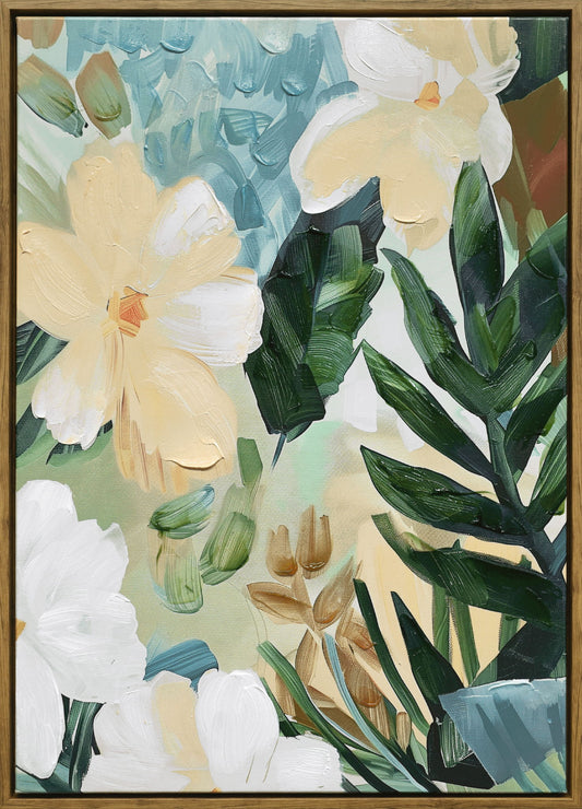 "Floral Serenity II" Hand-Embellished Canvas In Frame - Green / Blue / White