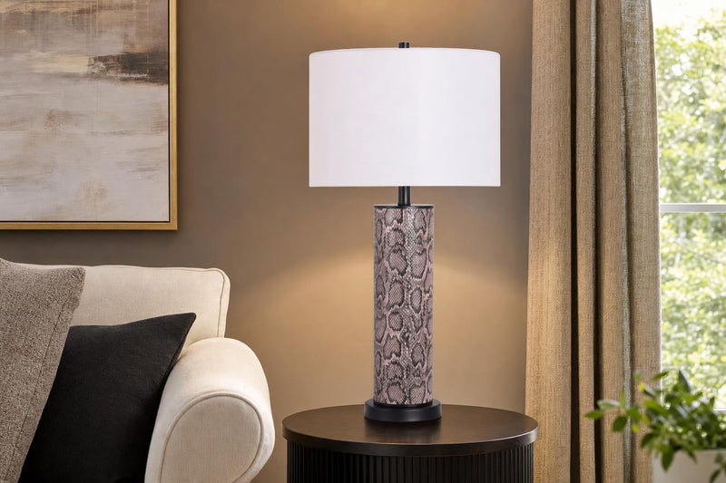 "Serpent Elegance" Faux Leather Table Lamp With Metal Base (Set of 2) - Snake Skin / Asb Gray