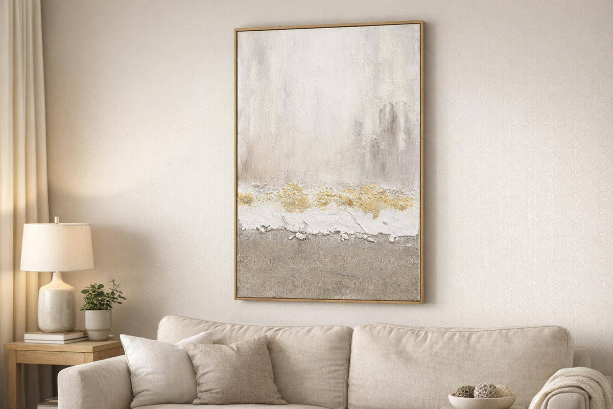 Gilded Strata Hand-Painted Canvas In Frame - Ivory / Taupe