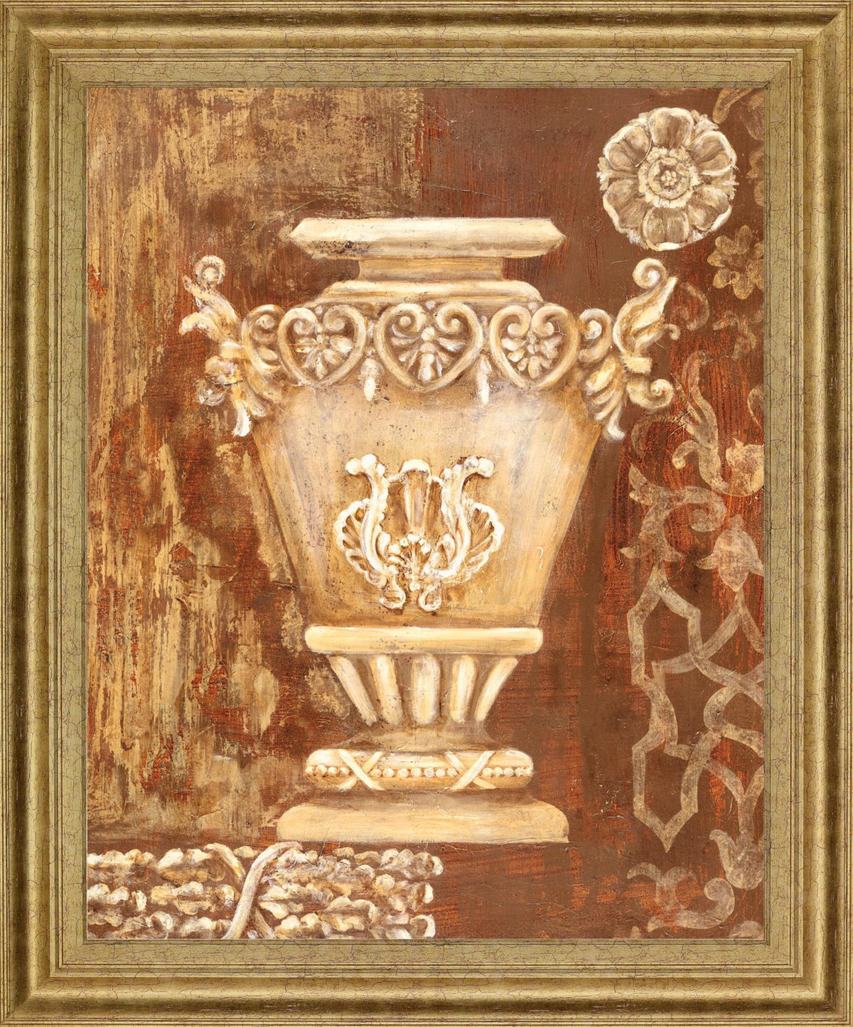 Ornate Taupe Vessel - 28" x 34" Framed Wall Art - Gold
