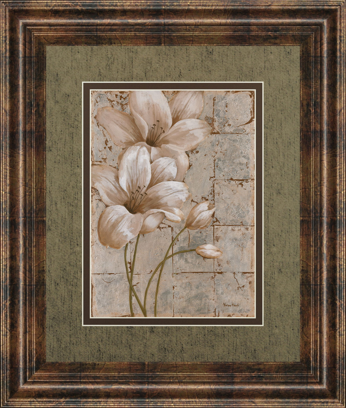 Lilies On Silver I By Vivian Flasch - Framed Print Wall Art - Light Brown