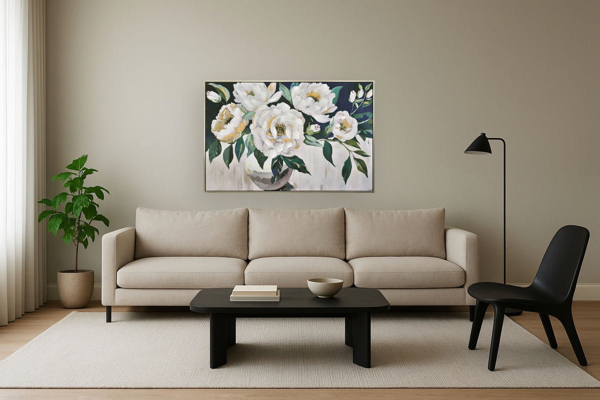 Ivory Bloomscape - 32" x 47" Framed Wall Art - Gray