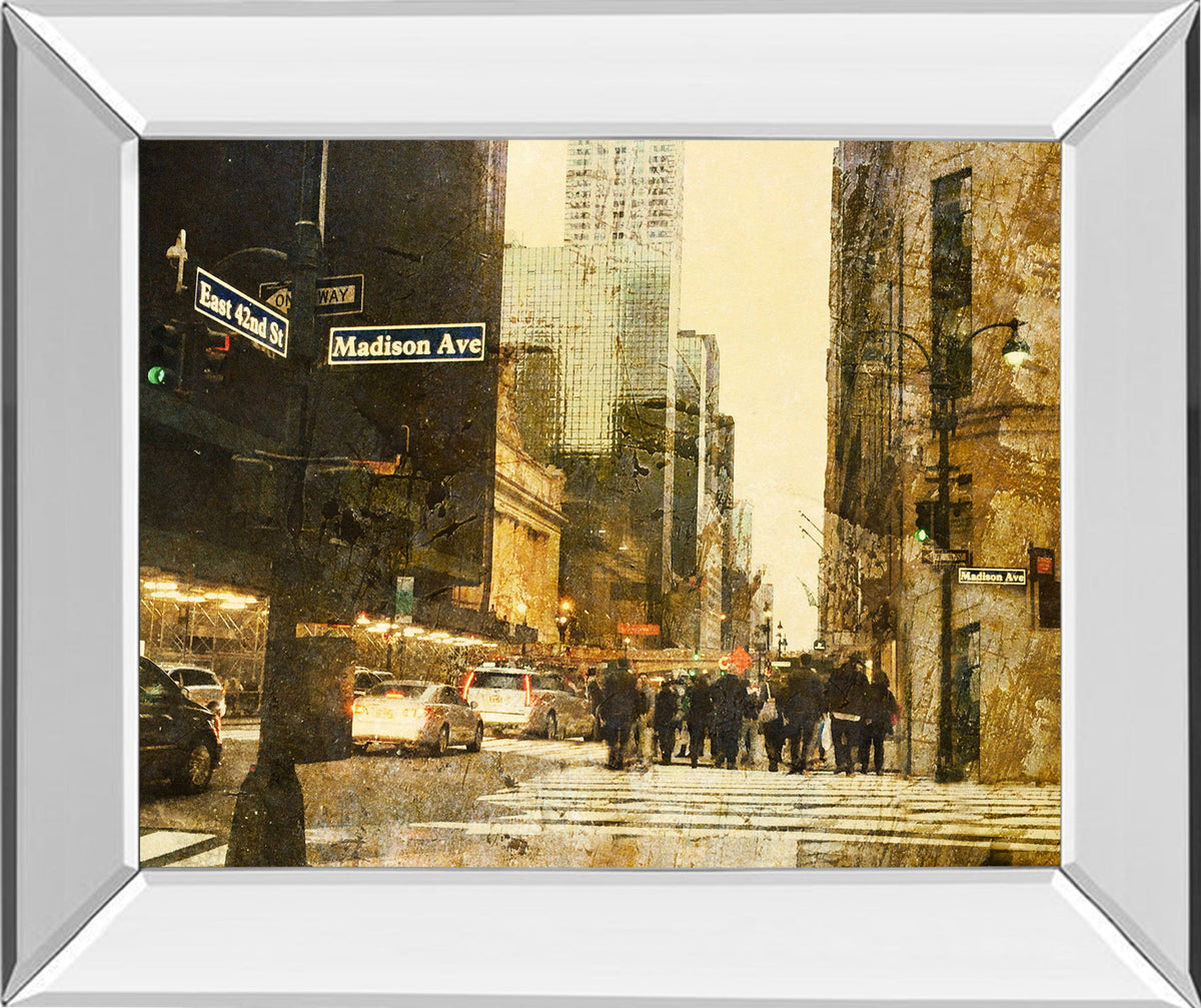 New York Streets By Acosta - Mirror Framed Print Wall Art - Light Brown