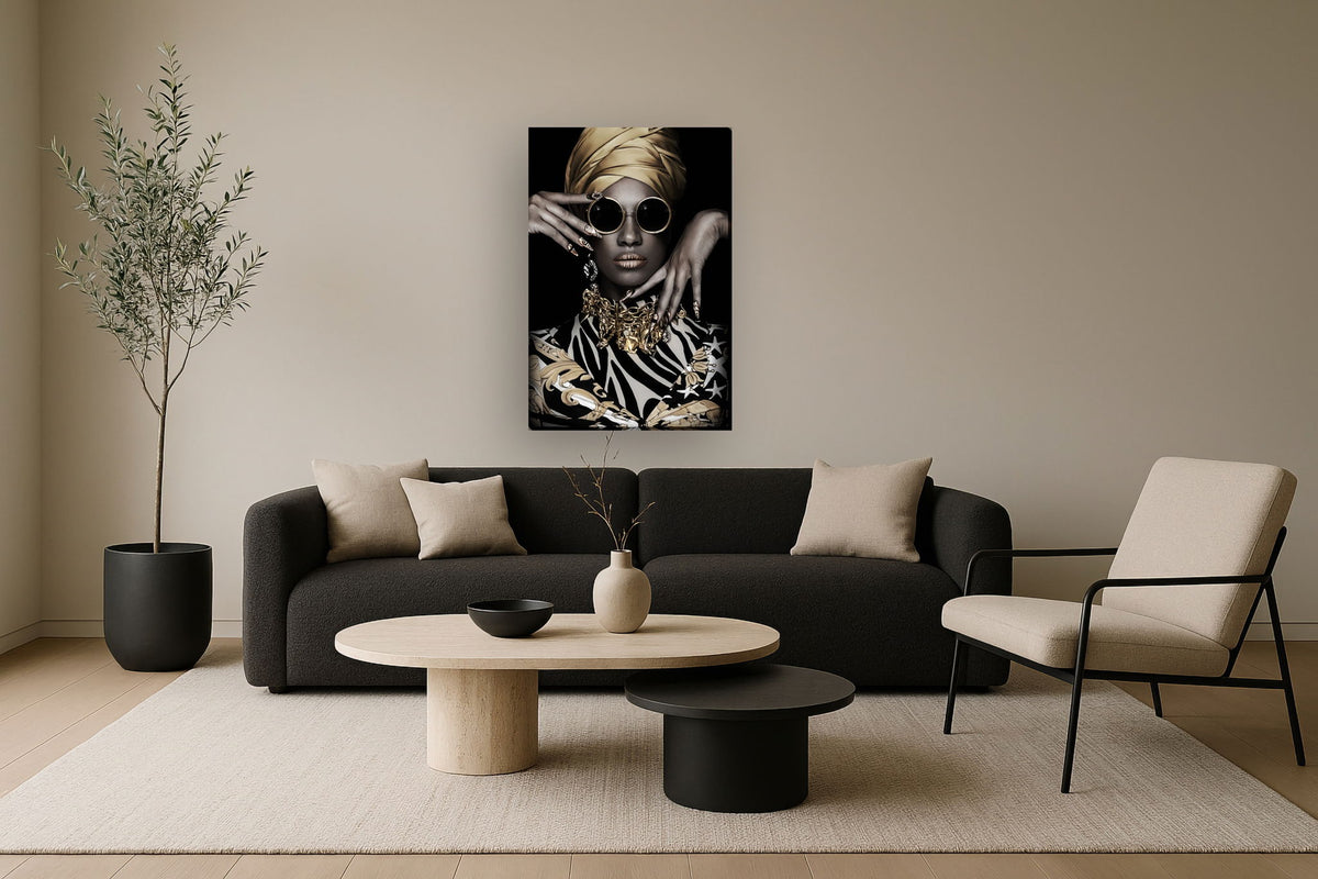 Golden Vogue Muse - 32" x 48" Framed Wall Art - Black