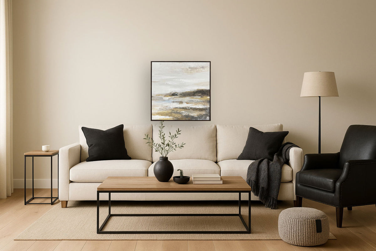 "Tranquil Horizon II" Hand-Embellished Canvas In Frame - Earthy Tones / Blue
