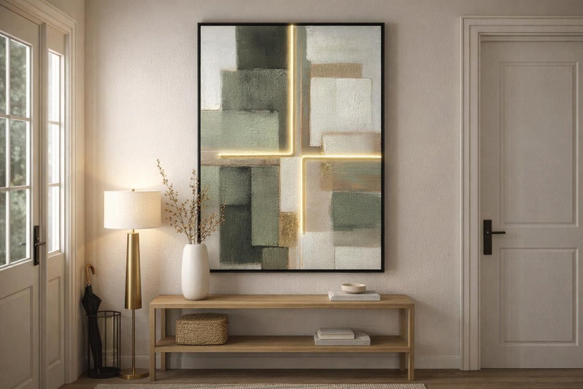 Luminous Grid II Hand-Embellished LED Canvas In Frame - Sage / Gold