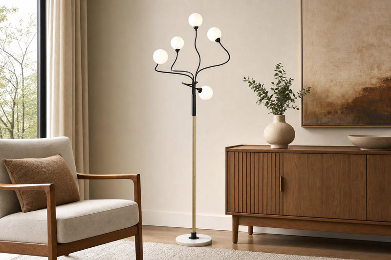 "Celestial Branch" Metal Floor Lamp - Matte Black / White Frosted Glass / White Marble / Soft Gold
