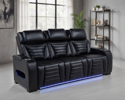 Zuma Faux Leather Dual Power Reclining LED Sofa Black Default Title