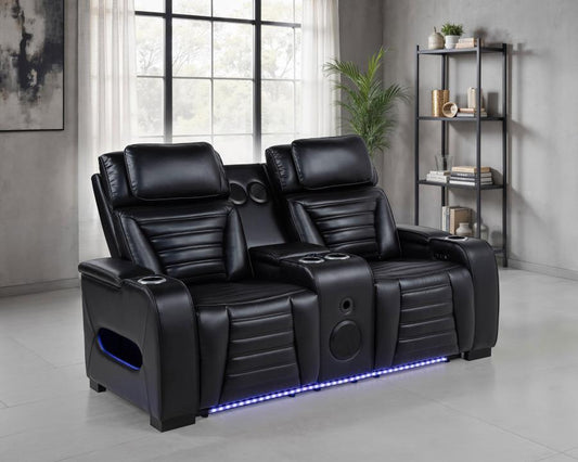 Zuma Faux Leather Dual Power Reclining LED Loveseat Black Default Title