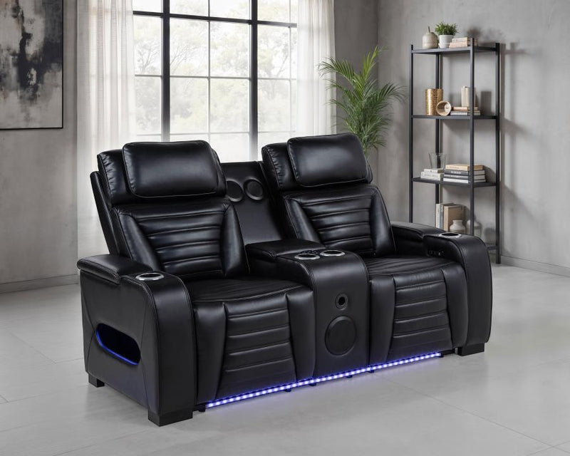 Zuma Faux Leather Dual Power Reclining LED Loveseat Black Default Title