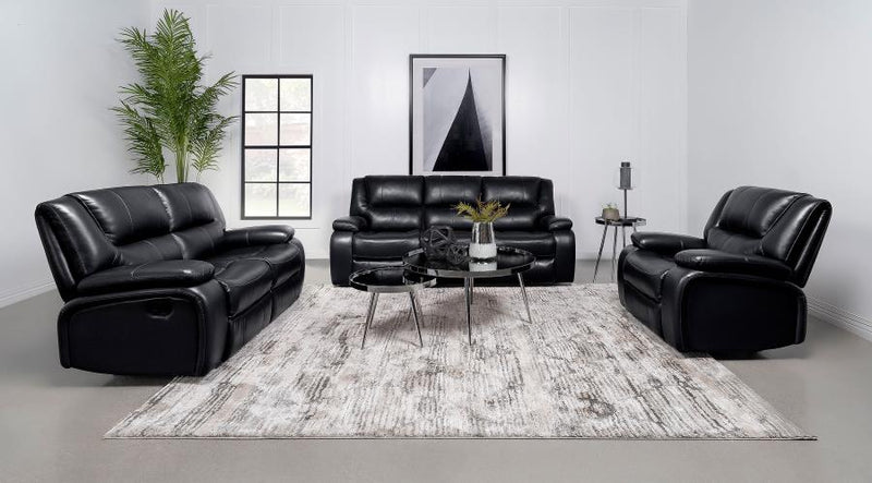Camila Upholstered Reclining Sofa Set Black 3-piece