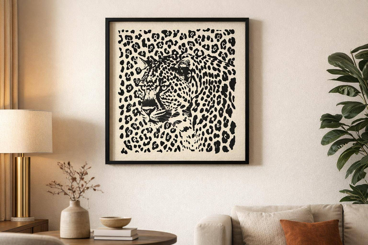 Shadow Leopard Puff Printed Canvas In Frame - Black / Ivory