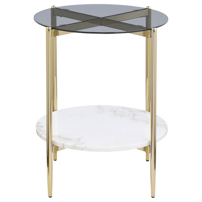 Jonelle - Round Glass Top End Table White Marble Shelf Gold - Smoke