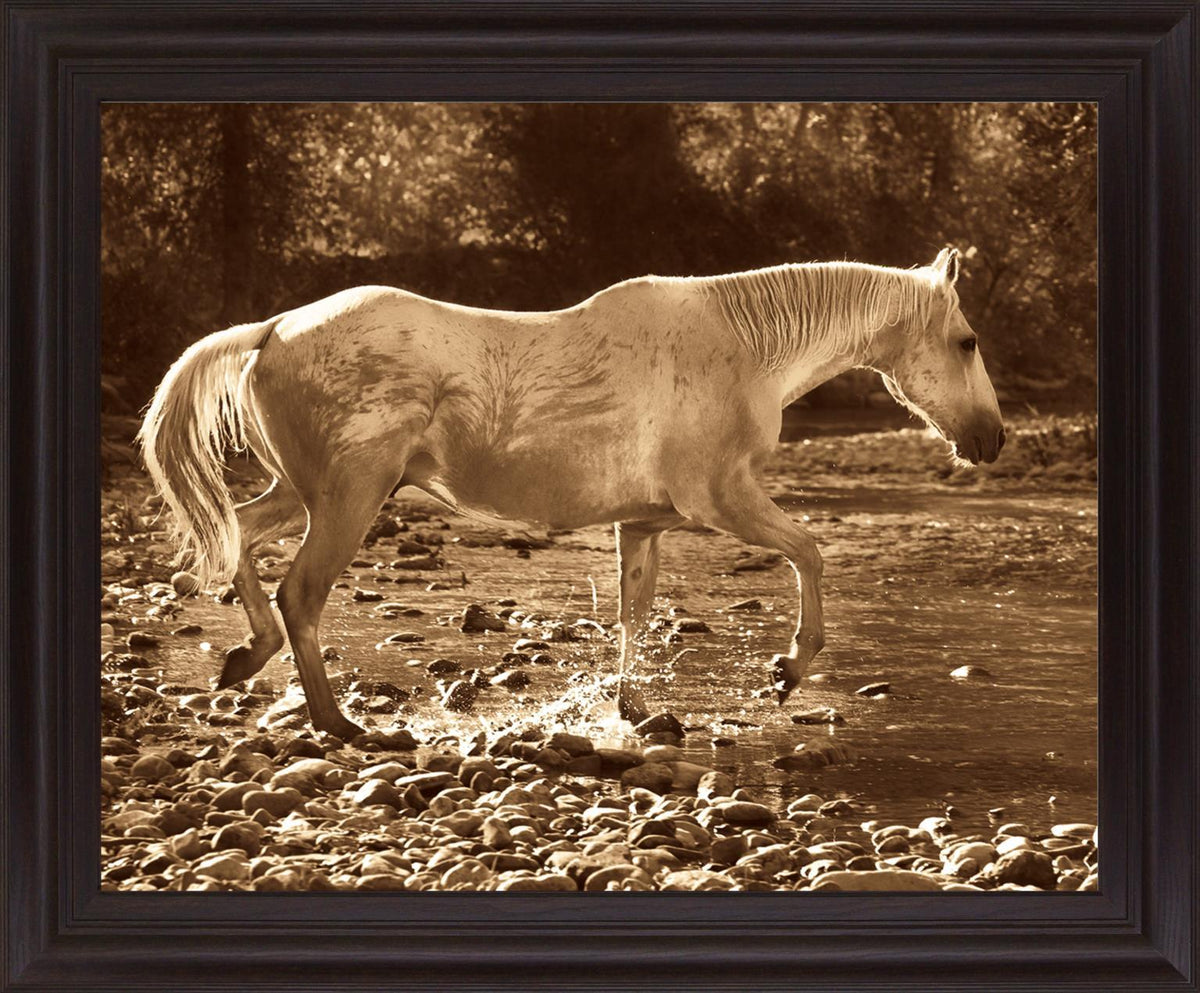 Sepia River Stroll - 28" x 34" Framed Wall Art - Dark Brown
