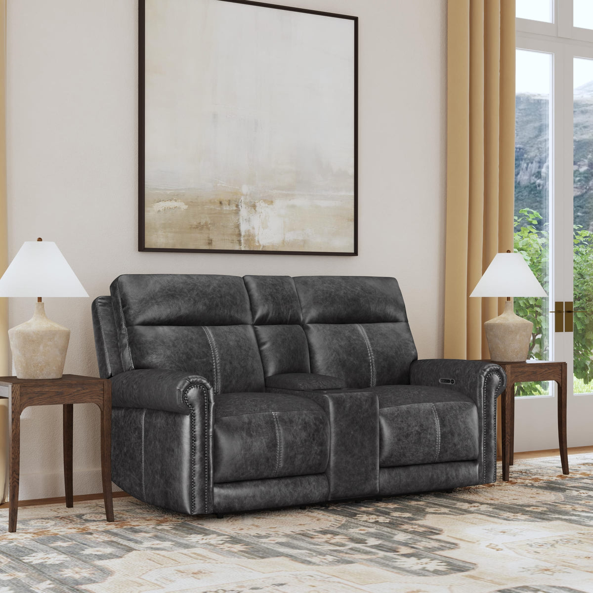 Flexsteel Alexander Power Reclining Loveseat with Console, Power Headrest & Lumbar