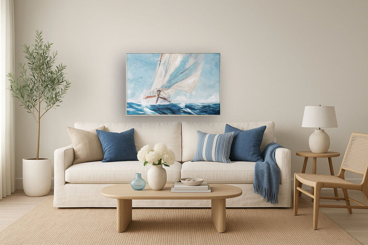 Gusty Sail Aglow - 33" x 48" Framed Wall Art - Blue
