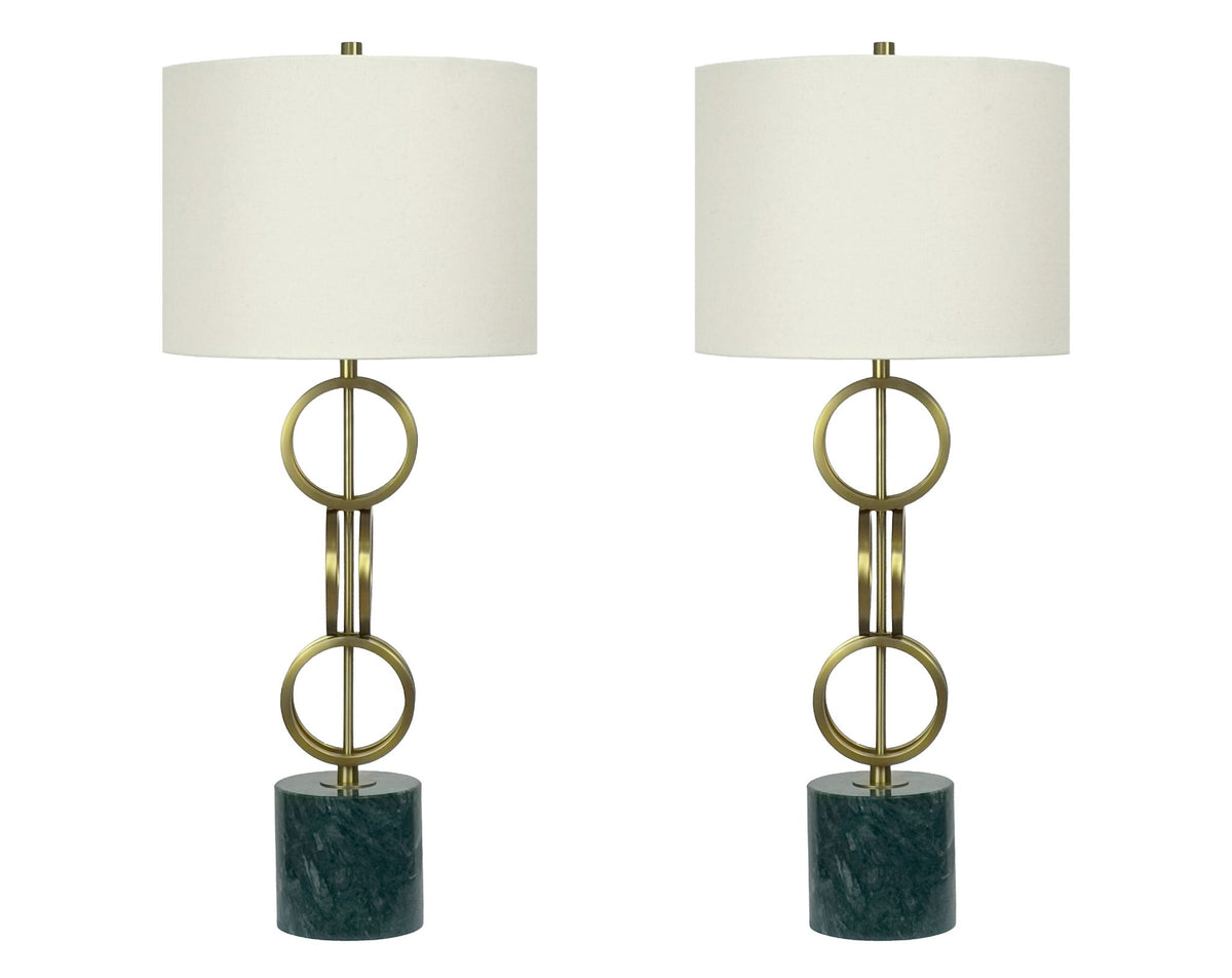"Marble Harmony" Metal Table Lamp On Marble Base (Set of 2) - Green Marble / Matte Golden Bronze
