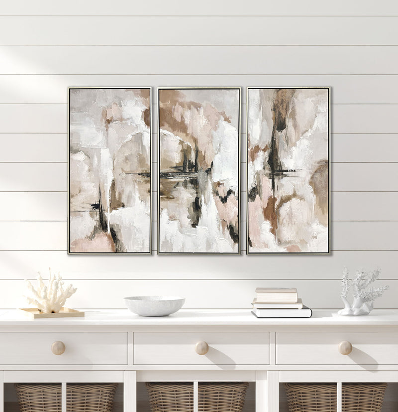 "Ethereal Reflections" Hand-Embellished Canvas Triptych In Frame - Neutral