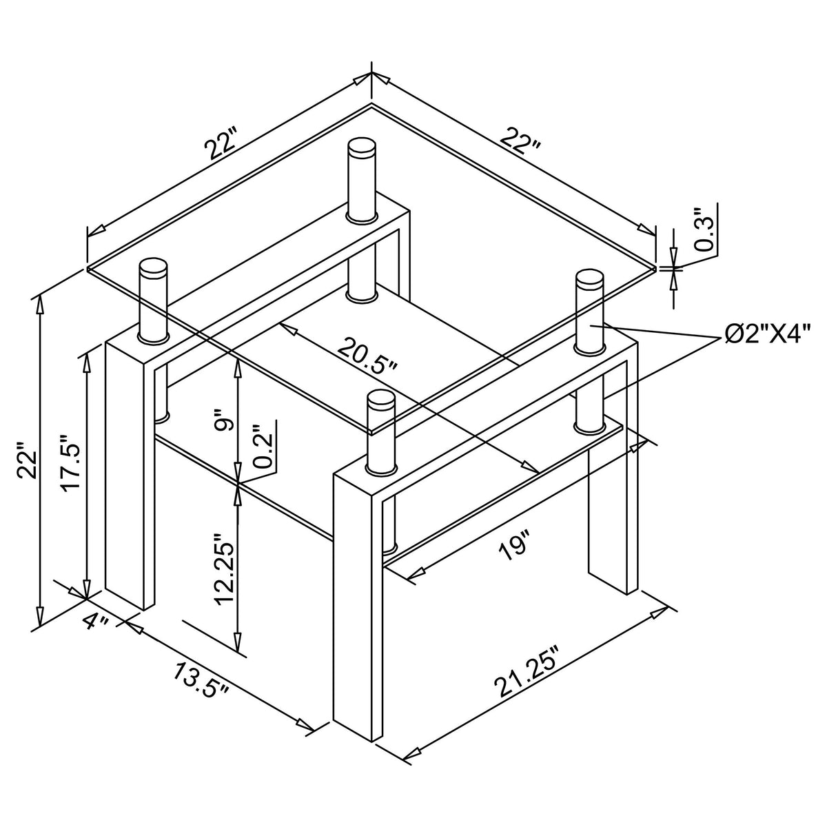 Dyer 1-shelf Square Glass Top Side End Table