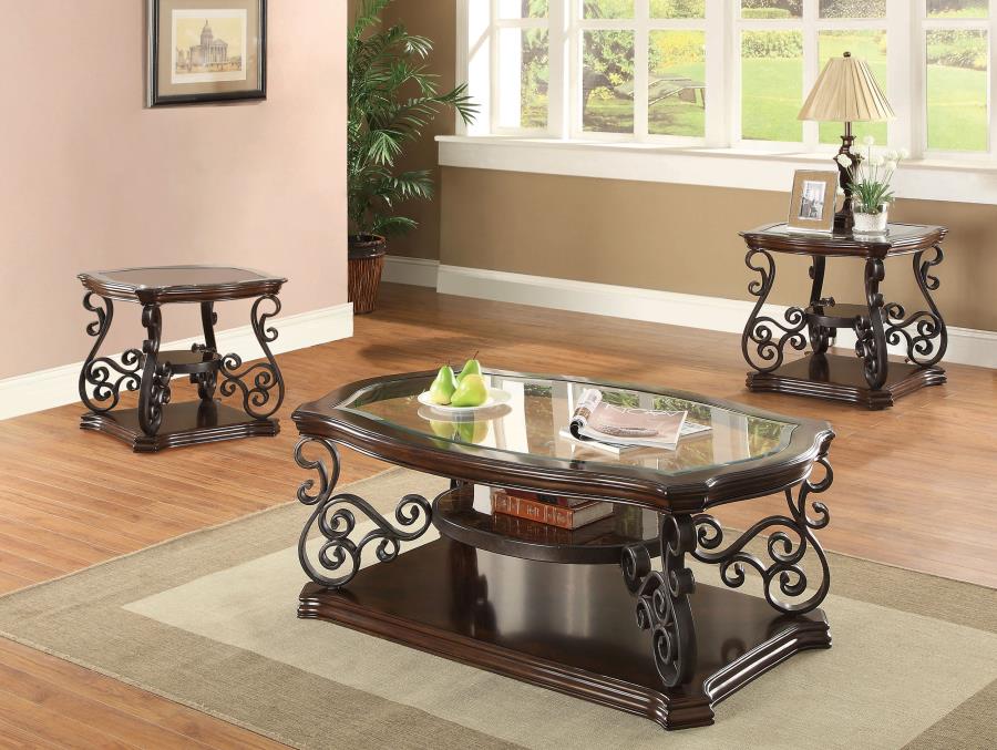 Laney Glass Top Coffee and End Table Set Dark Merlot 3-piece