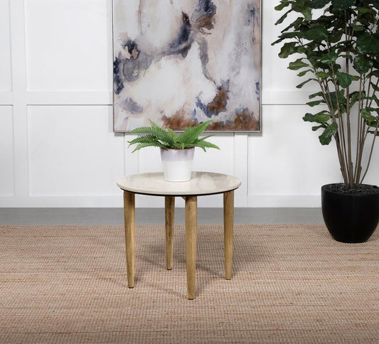 Aldis Round Marble Top Side End Table White and Natural Default Title