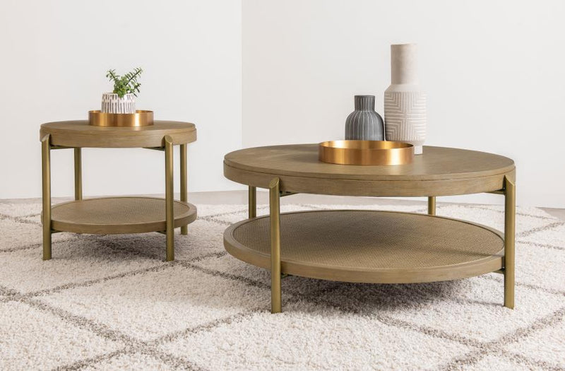 Arini Round Coffee and End Table Set Sand Wash 2-piece
